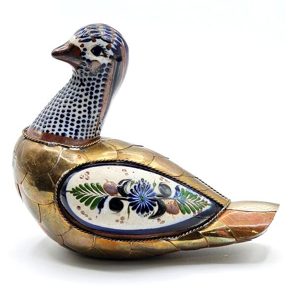 Sergio Bustamante Brass Porcelain Goose Figurine Floral Mixed Metal MCM - Picture 8 of 9